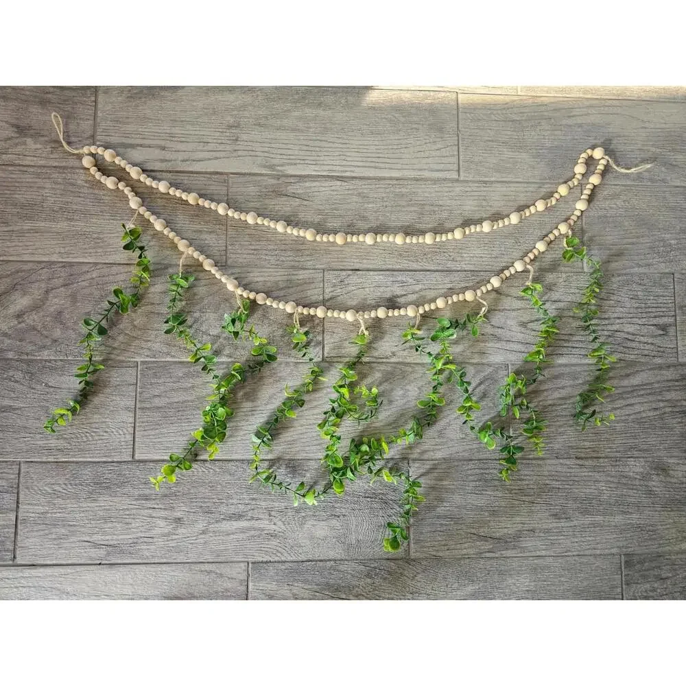 Brand New Artificial Eucalyptus Wall Hanging Decor Boho Wood Beads Long 42